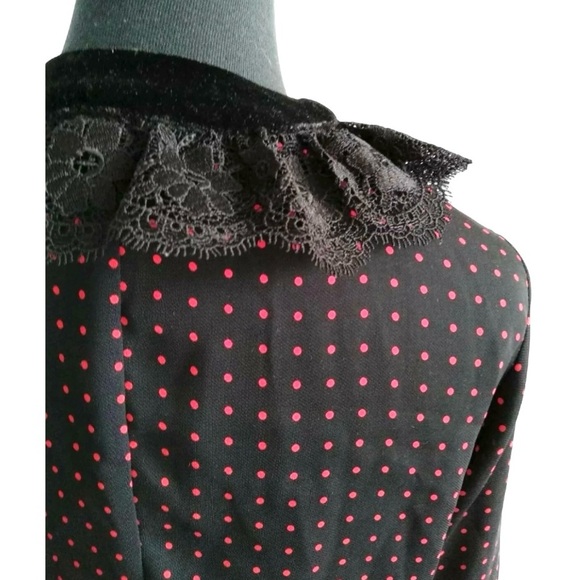 THE KOOPLES POLKA DOT BLACK RED LACE VELVET Long Sleeve DRESS - Picture 8 of 13